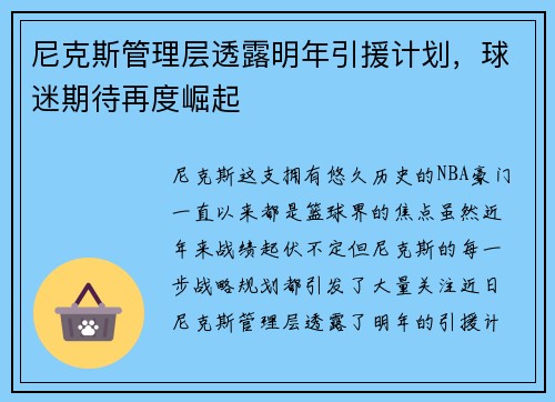 尼克斯管理层透露明年引援计划，球迷期待再度崛起