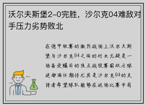 沃尔夫斯堡2-0完胜，沙尔克04难敌对手压力劣势败北